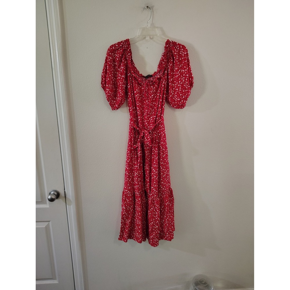 Ryan Michelle Red Floral Puff Sleeve Tiered Midi Dress Womens Medium Cottagecore